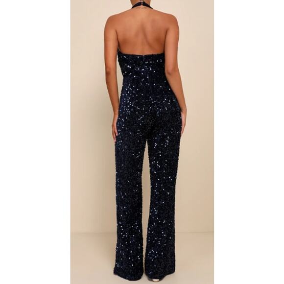LULU'S SZ S Mesmerizing Diva Navy Blue Sequin Wide-Leg Halter Jumpsuit NEW B27 - Picture 2 of 11